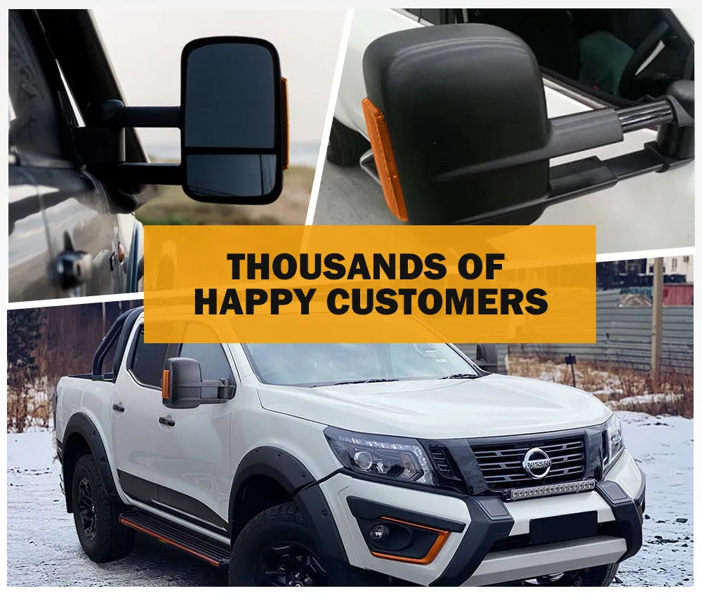 Black electric exterior rear view mirror for Nissan NP300 D23 with integrated light.