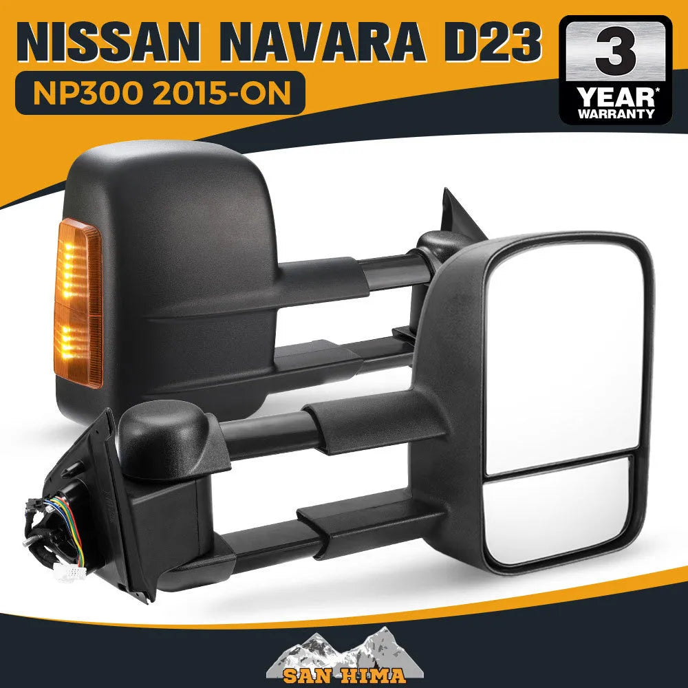 Black electric exterior rear view mirror for Nissan NP300 D23 with integrated light.