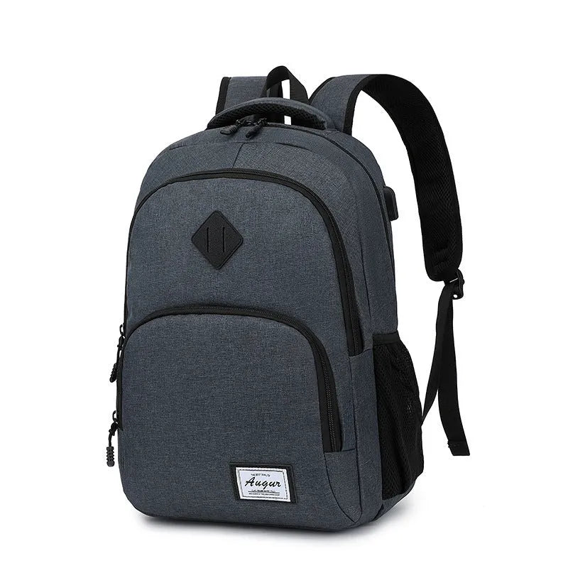 Grey lightweight backpack with USB charging port on strap and trolley sleeve.