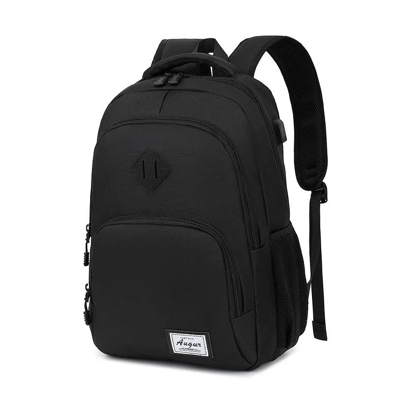Grey lightweight backpack with USB charging port on strap and trolley sleeve.
