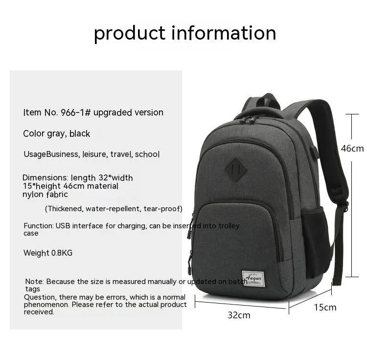 Grey lightweight backpack with USB charging port on strap and trolley sleeve.