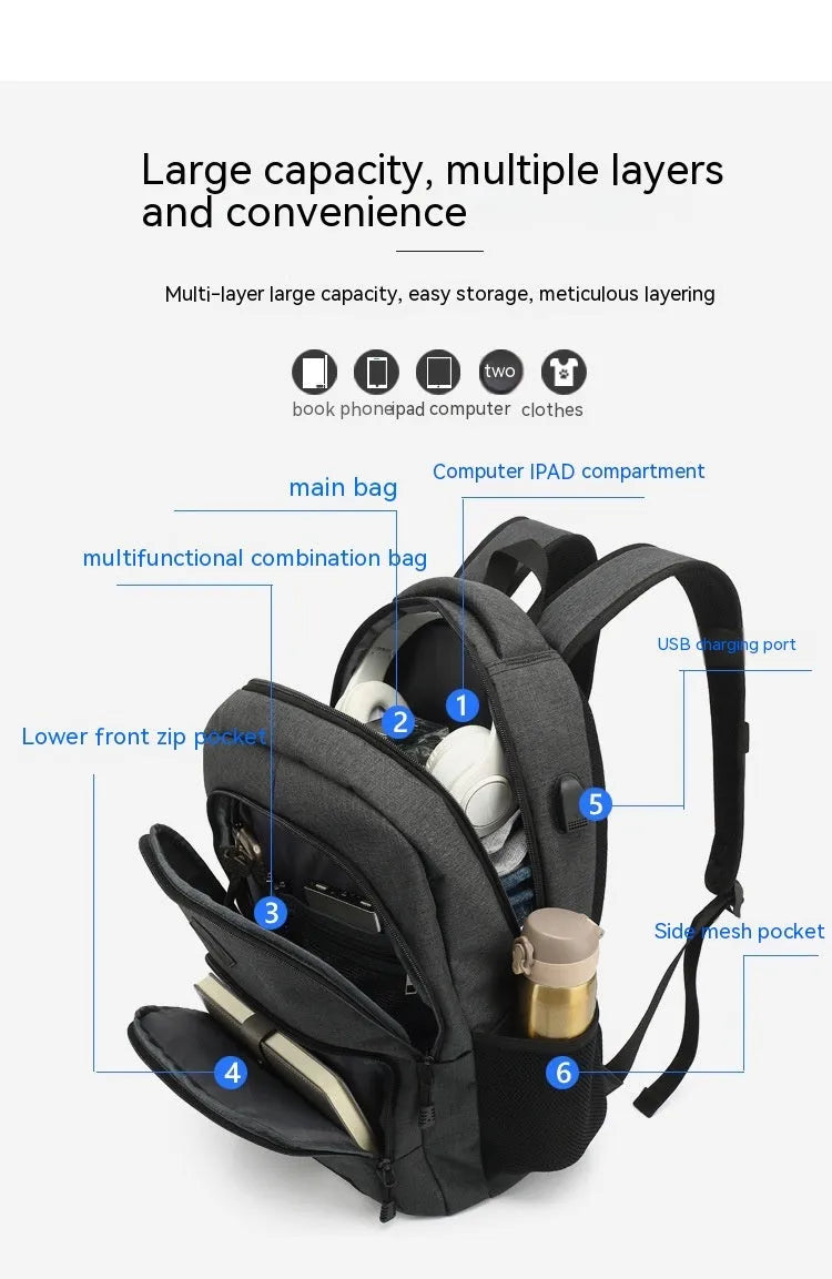 Grey lightweight backpack with USB charging port on strap and trolley sleeve.
