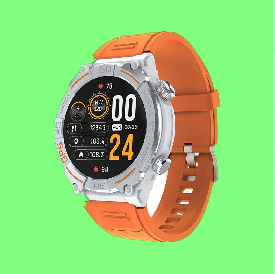 MG02 smart watch in black on wrist, showing TFT touchscreen displaying health stats.