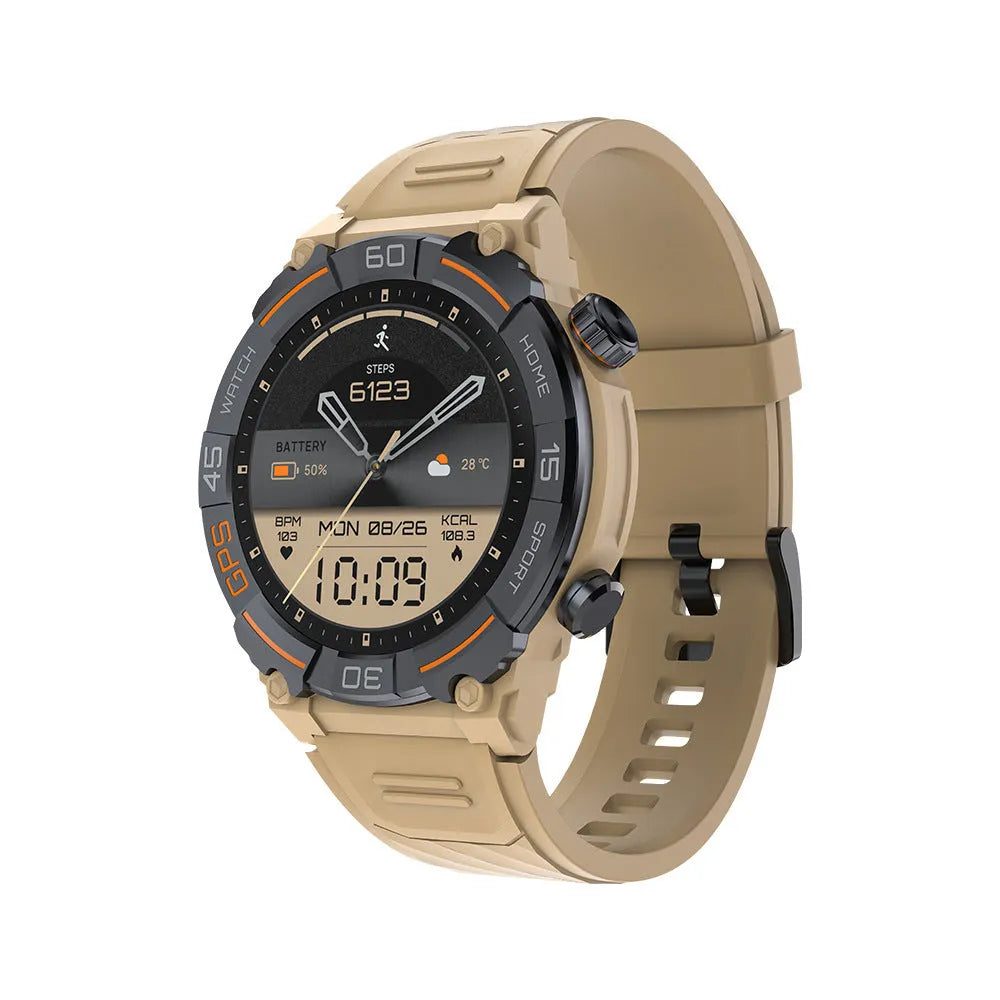 MG02 smart watch in black on wrist, showing TFT touchscreen displaying health stats.