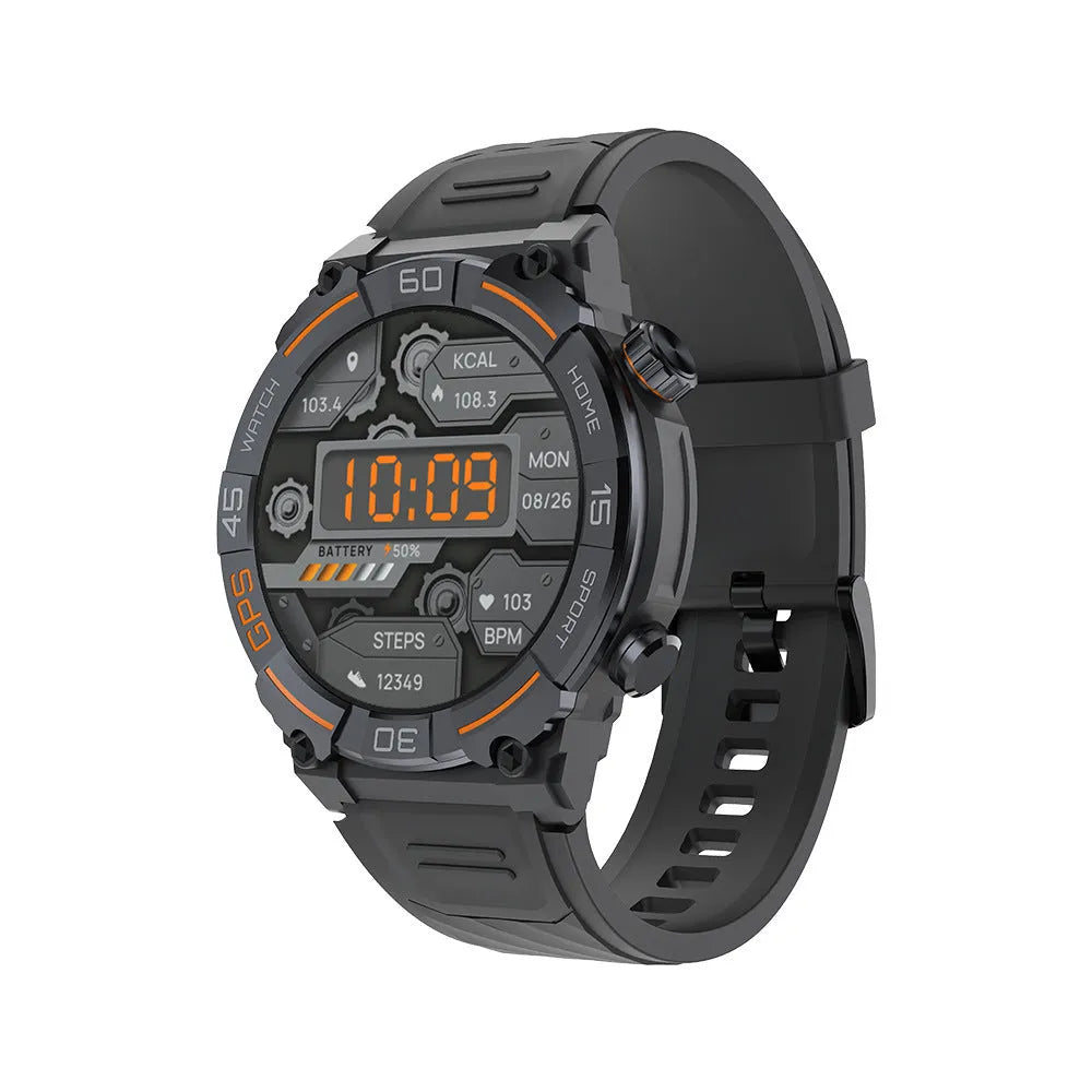 MG02 smart watch in black on wrist, showing TFT touchscreen displaying health stats.