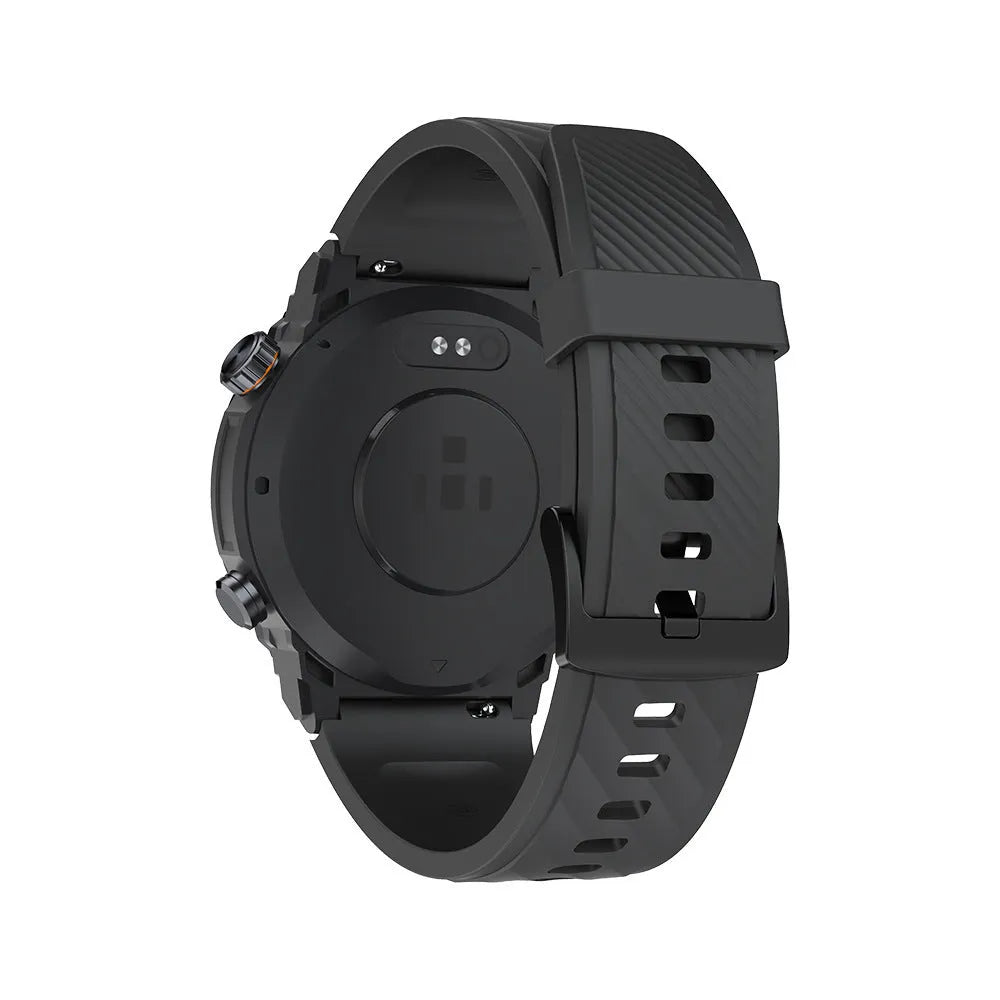 MG02 smart watch in black on wrist, showing TFT touchscreen displaying health stats.