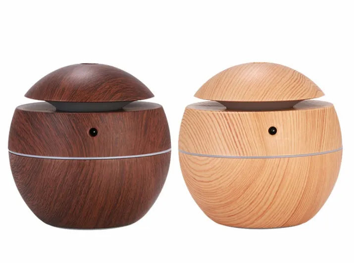 Wood grain USB aroma diffuser 100 x 100 x 95mm with 130ML tank, DC 5V power, and coloured lights