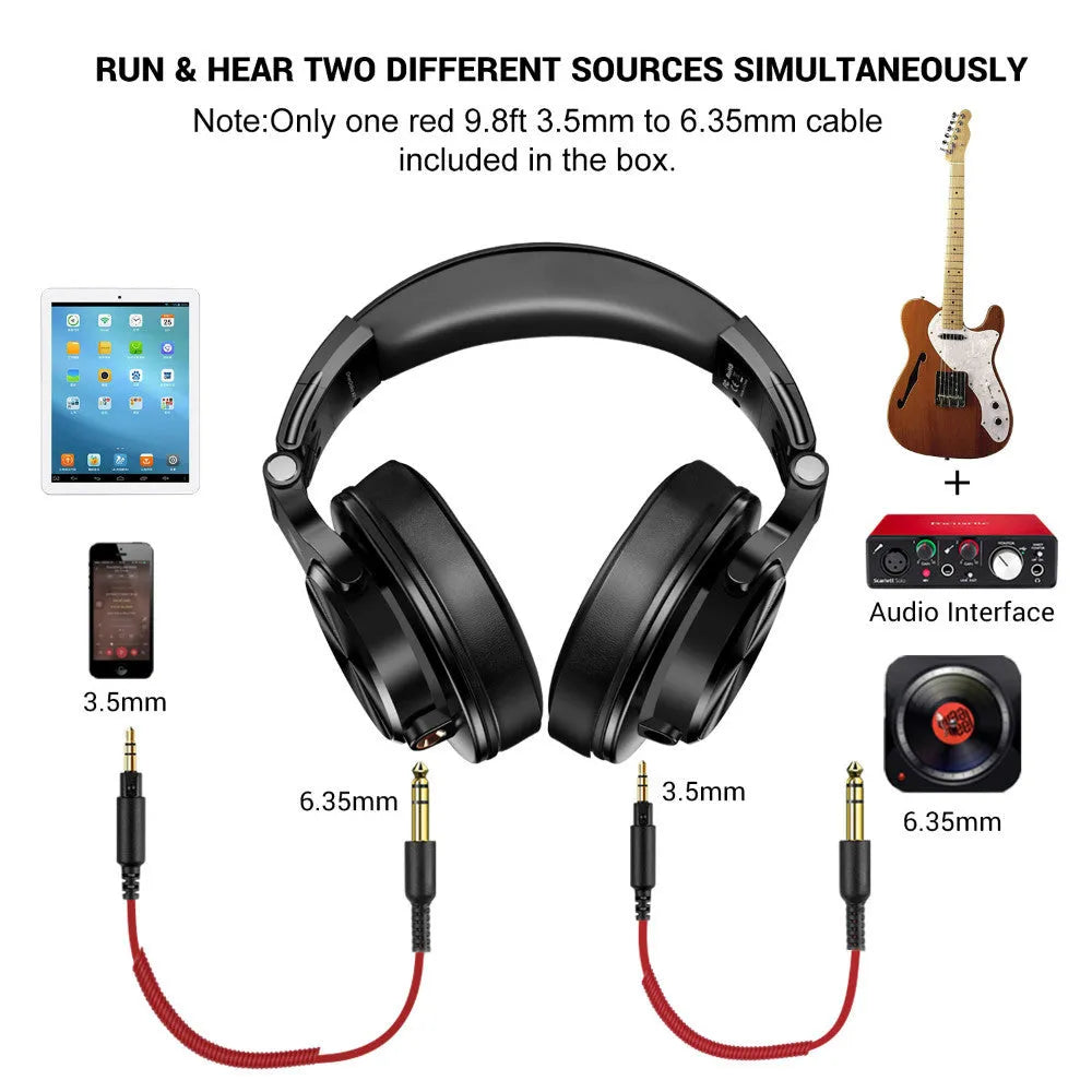 OneOdio black and red studio monitor headphones with over-ear cups and 40mm speaker drivers
