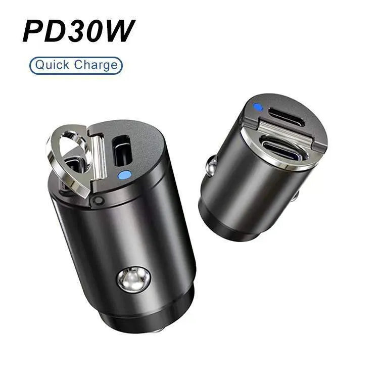 30W car cigarette lighter charger in zinc alloy with PD and QC fast charging support