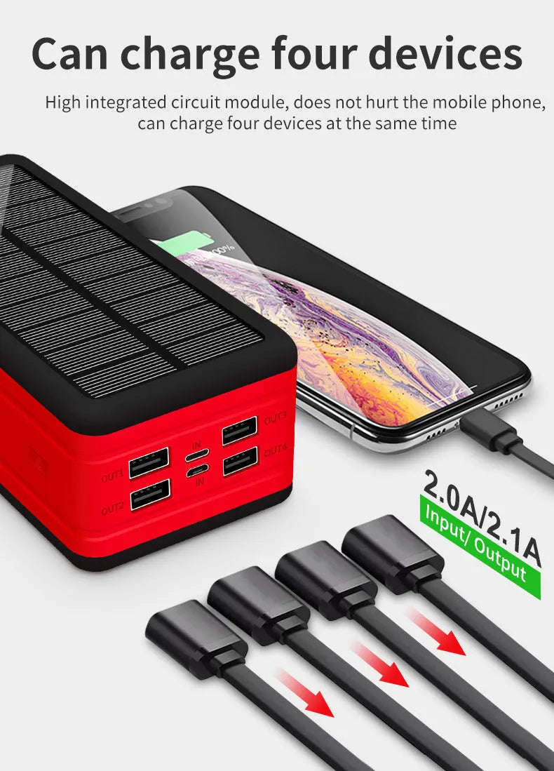 Large capacity solar wireless power bank in black with plastic shell and solar panel on front face