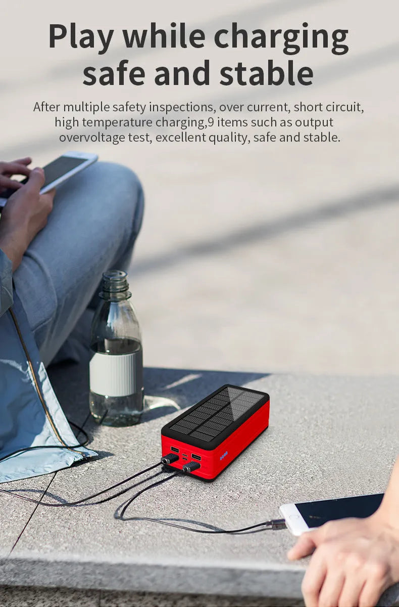 Large capacity solar wireless power bank in black with plastic shell and solar panel on front face