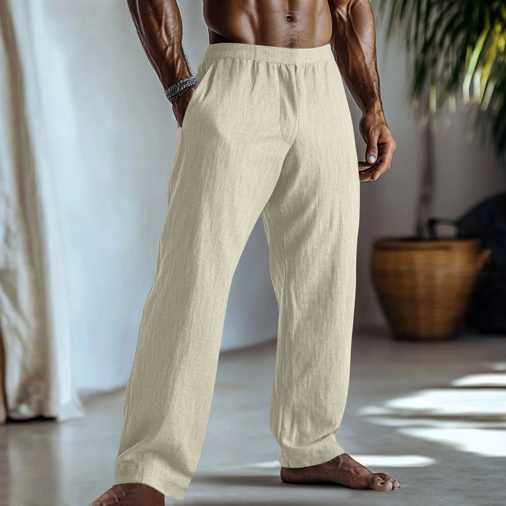 Straight-leg cotton and linen casual trousers in a light green colour, shown with visible pockets.