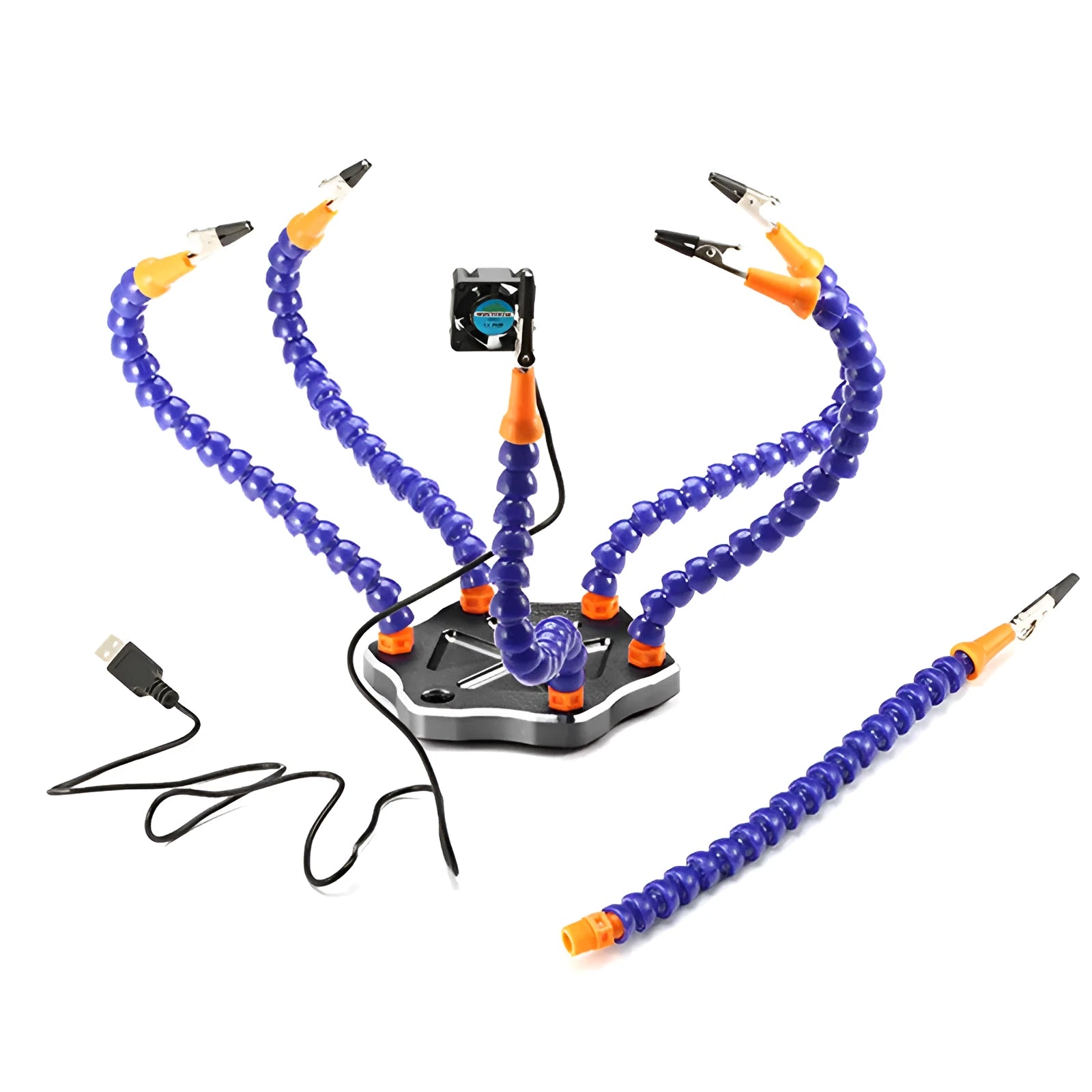 Black aluminium alloy six-jaw welding station with multiple adjustable arms on a non-slip base.