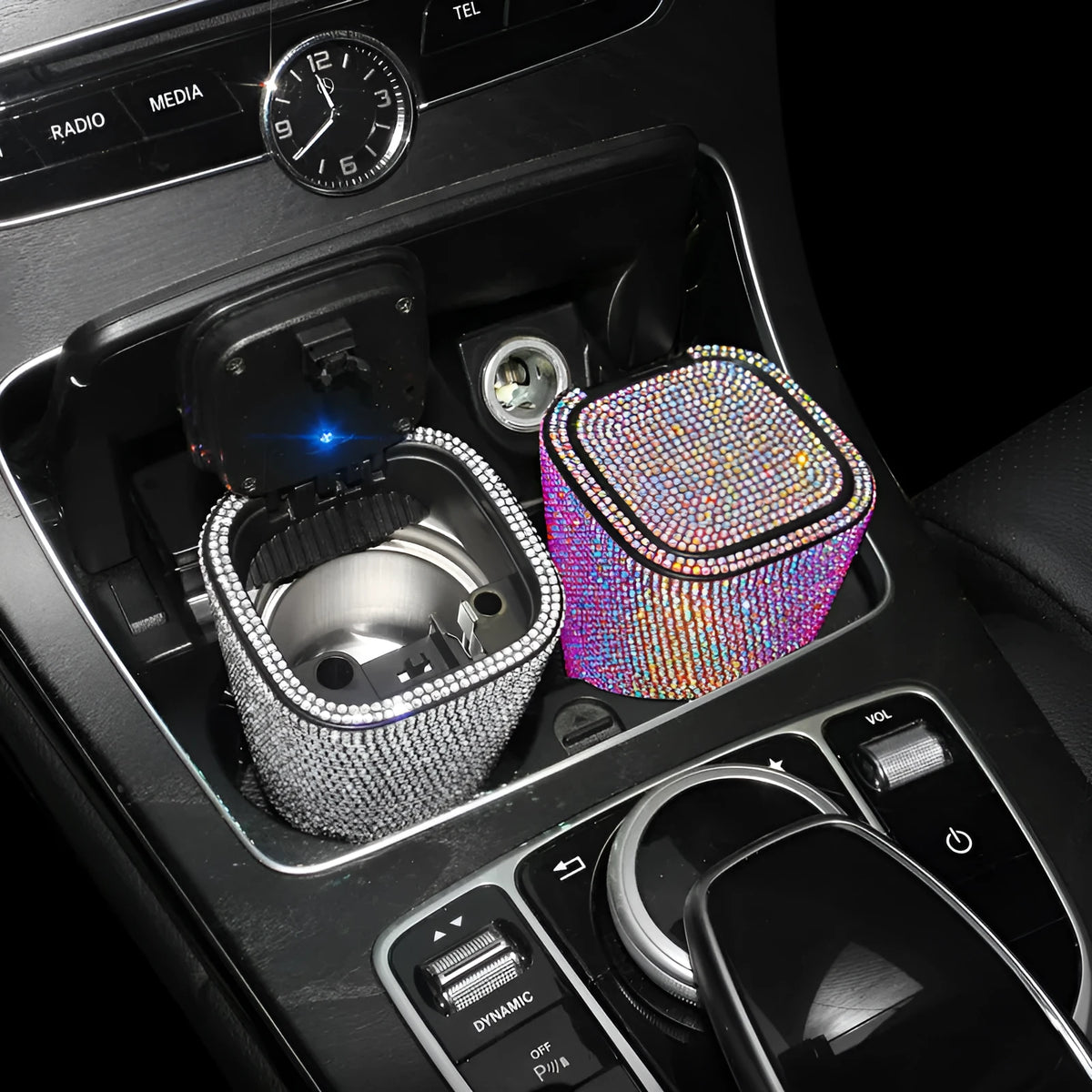 Diamond-embedded car ashtray with lid, air outlet hanging design, plastic cast body, available in nine colours.