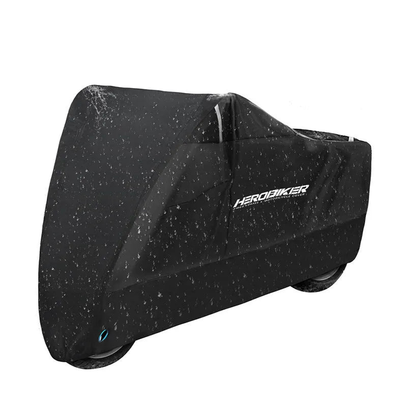 Polyester motorcycle cover showing black colour option with heat insulation and anti-theft features
