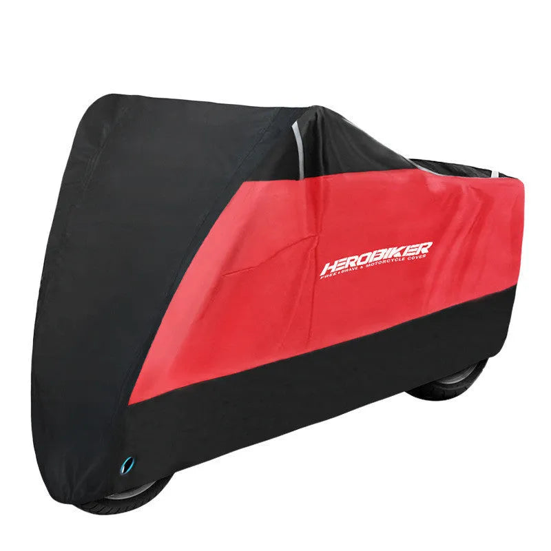 Polyester motorcycle cover showing black colour option with heat insulation and anti-theft features