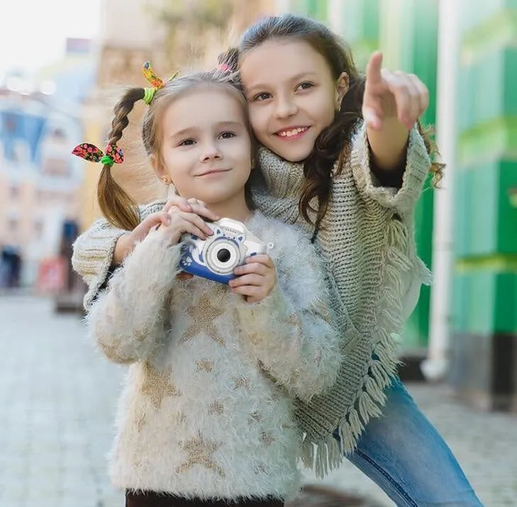 HD cartoon digital camera for children in blue or orange with lanyard and charging cable