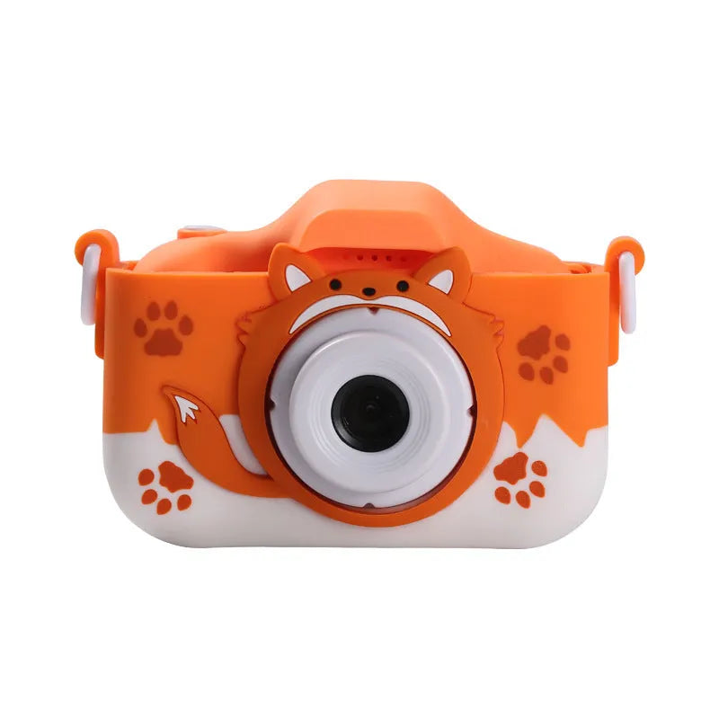 HD cartoon digital camera for children in blue or orange with lanyard and charging cable