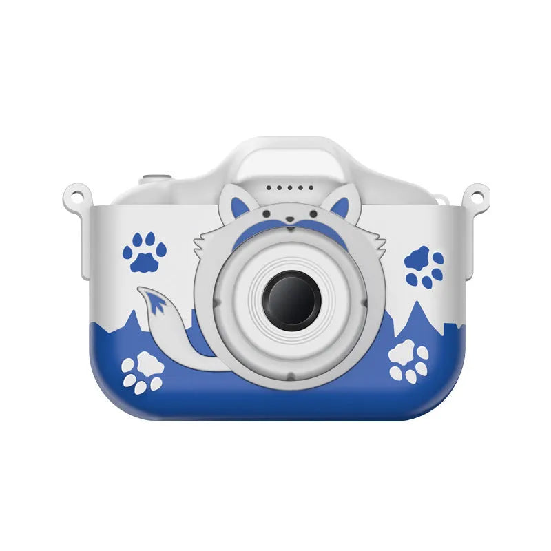 HD cartoon digital camera for children in blue or orange with lanyard and charging cable