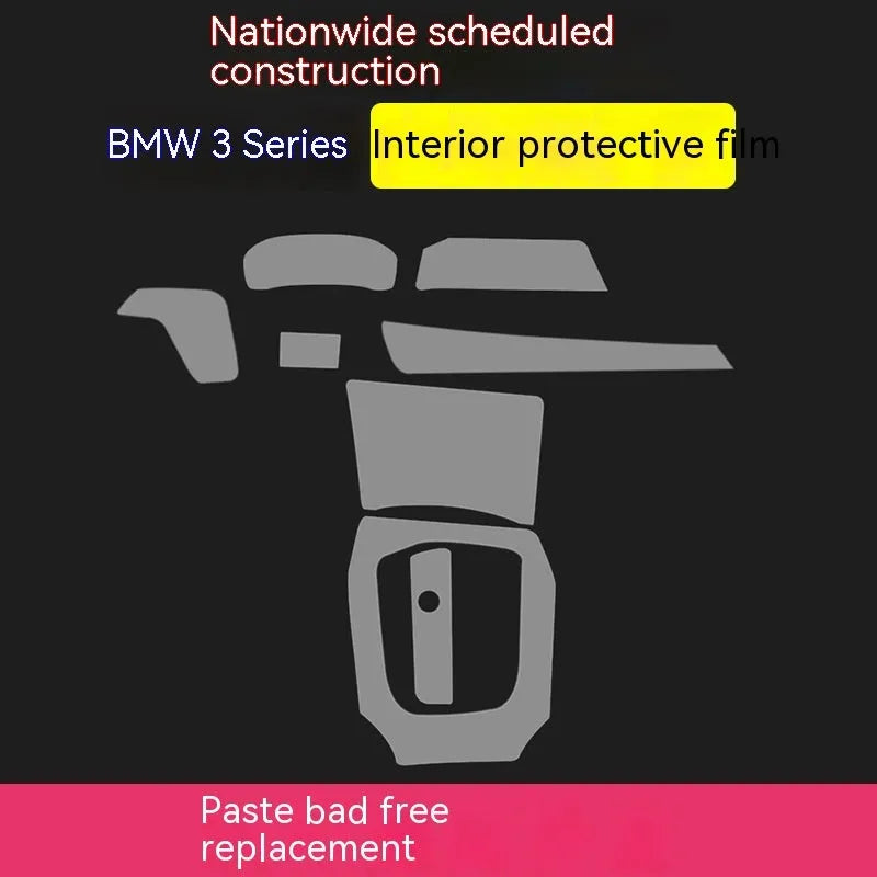Transparent TPU protective film kit for BMW 3 Series interior dashboard and gear shift.