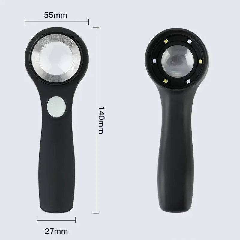 Black and silver handheld appraisal magnifying glass with optical glass lens and USB-C cable on a table.