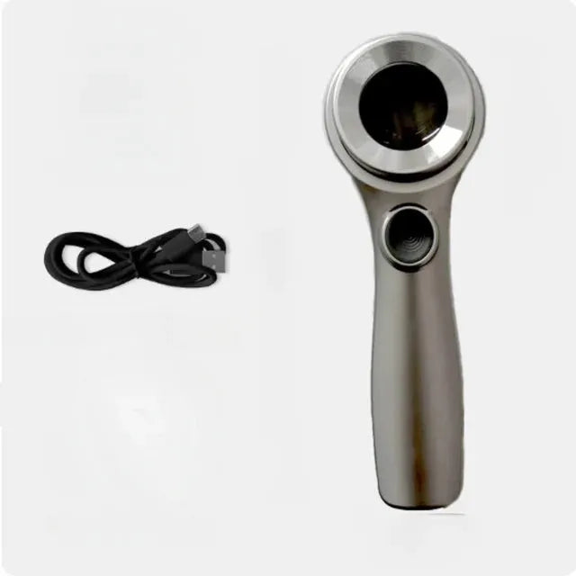 Black and silver handheld appraisal magnifying glass with optical glass lens and USB-C cable on a table.