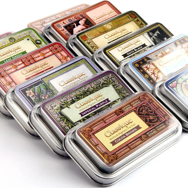 Rectangular oily ink pad for rubber stamps in Cocoa Brown, Fog Blue, Gray Pink, Green, or Leaf Green, measuring 0.3x5.7x1.7cm.
