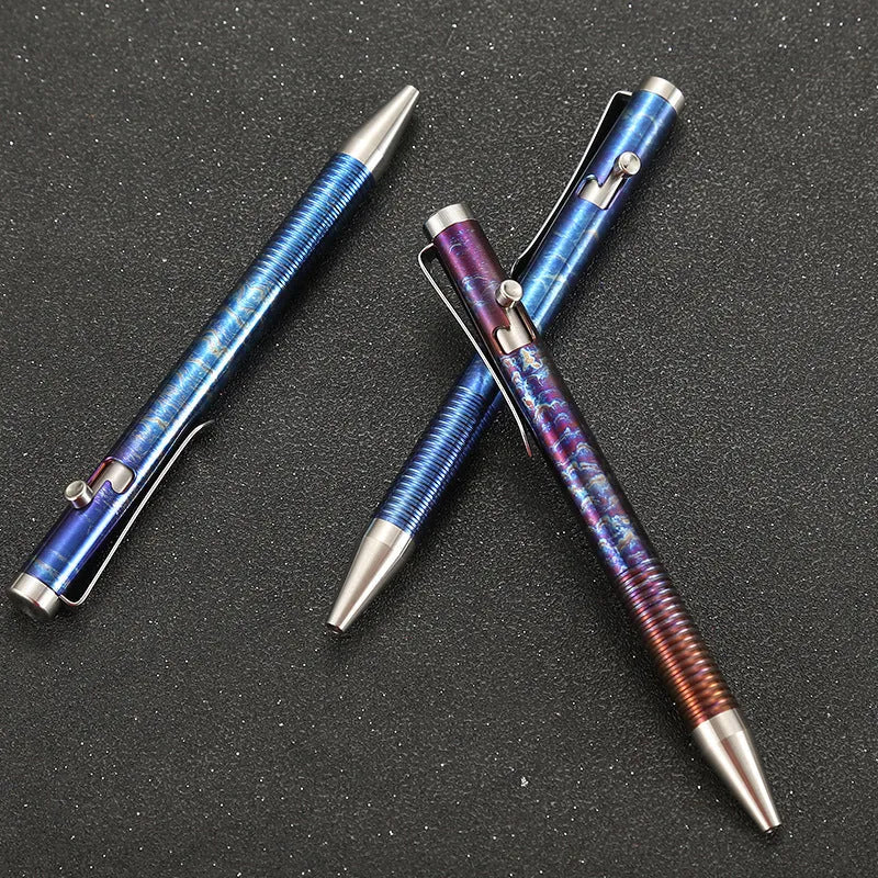 Titanium alloy bolt action pen with magic phantom colour finish, showing bolt handle detail.