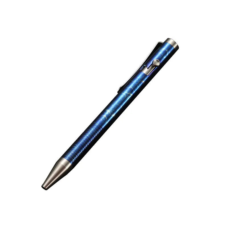 Titanium alloy bolt action pen with magic phantom colour finish, showing bolt handle detail.