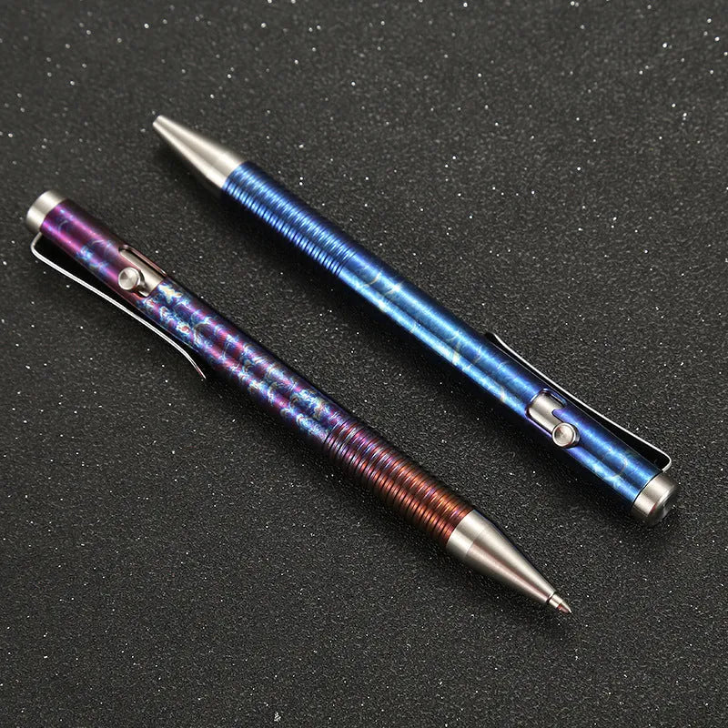 Titanium alloy bolt action pen with magic phantom colour finish, showing bolt handle detail.