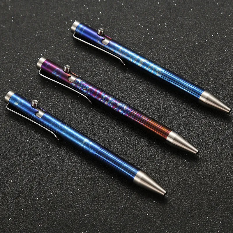 Titanium alloy bolt action pen with magic phantom colour finish, showing bolt handle detail.