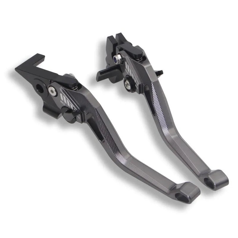 Metal motorcycle clutch lever with two-finger pull rod in assorted colours.