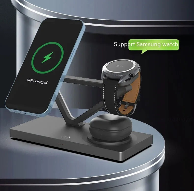 White five-in-one wireless charger with magnetic suction bracket, circular charging base, and integrated night light