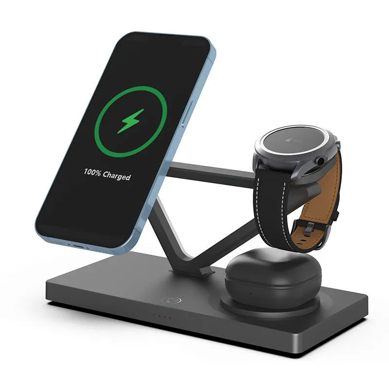 White five-in-one wireless charger with magnetic suction bracket, circular charging base, and integrated night light