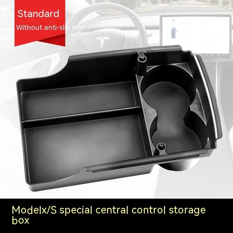 Tesla Model 3 centre console storage box retrofit kit shown installed in vehicle armrest