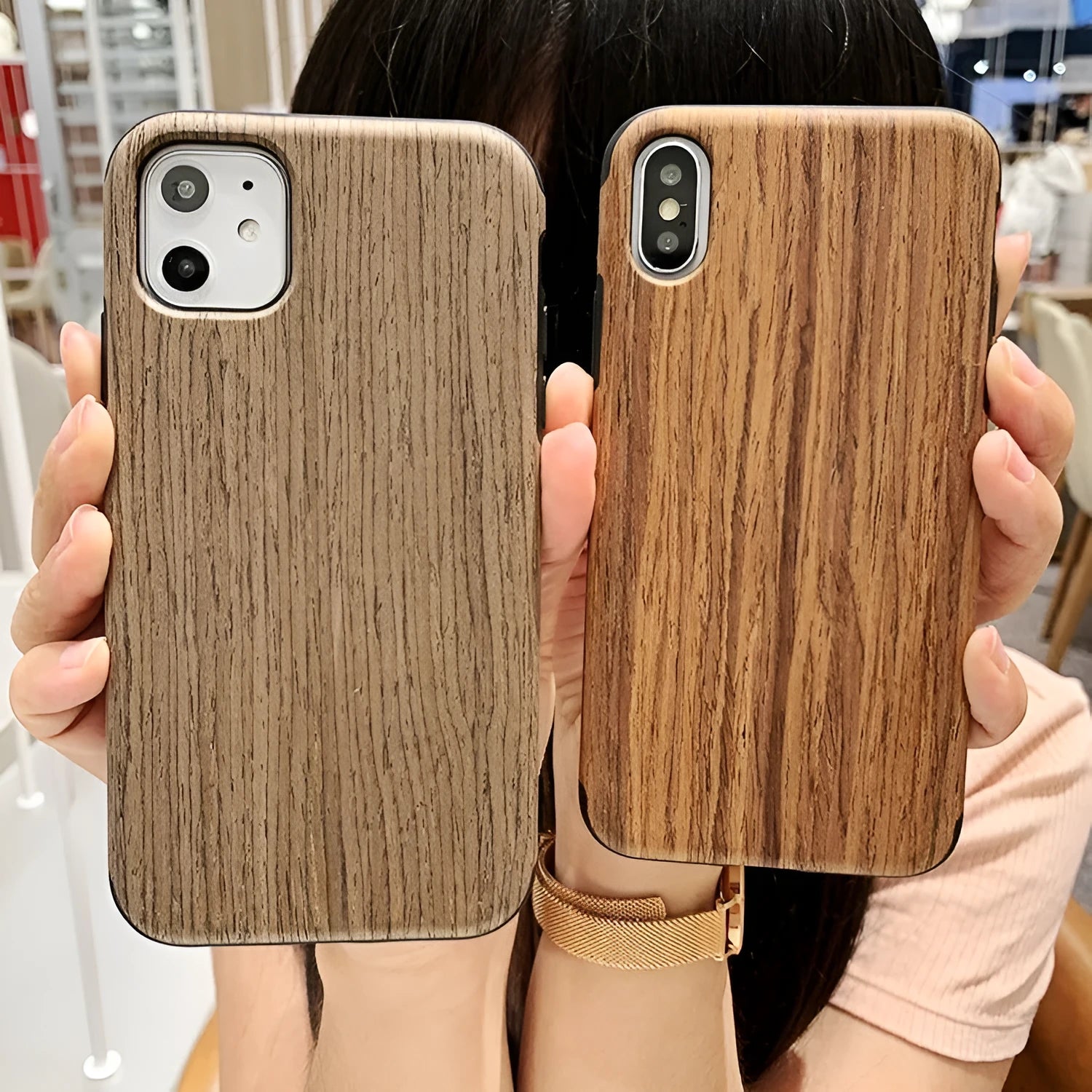 A simple wooden back cover case for an iPhone, shown in a rosewood finish.