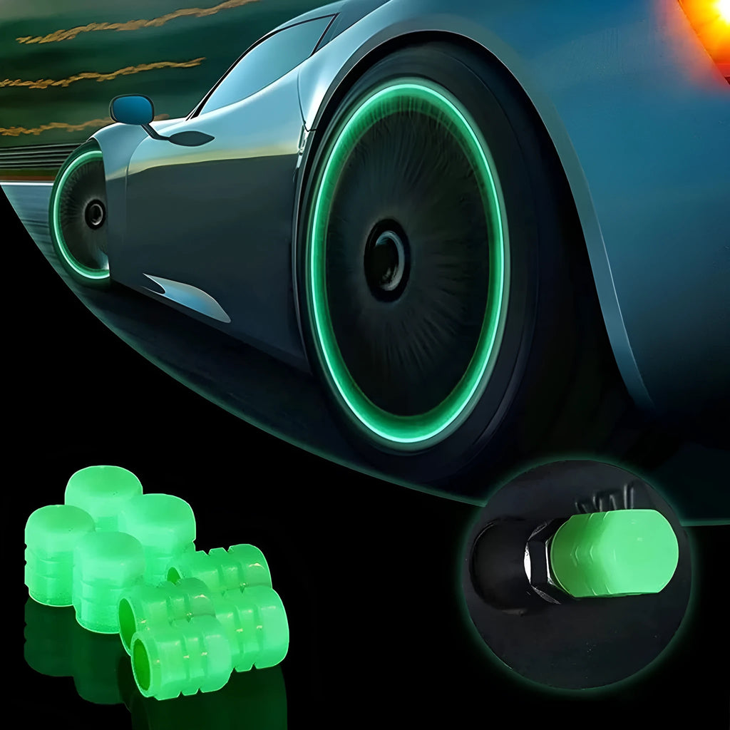 Luminous rubber tyre valve caps in light green, blue, red, yellow, and pink colours on a wheel valve.