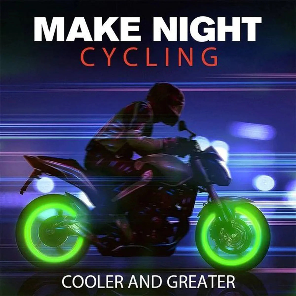 Luminous rubber tyre valve caps in light green, blue, red, yellow, and pink colours on a wheel valve.