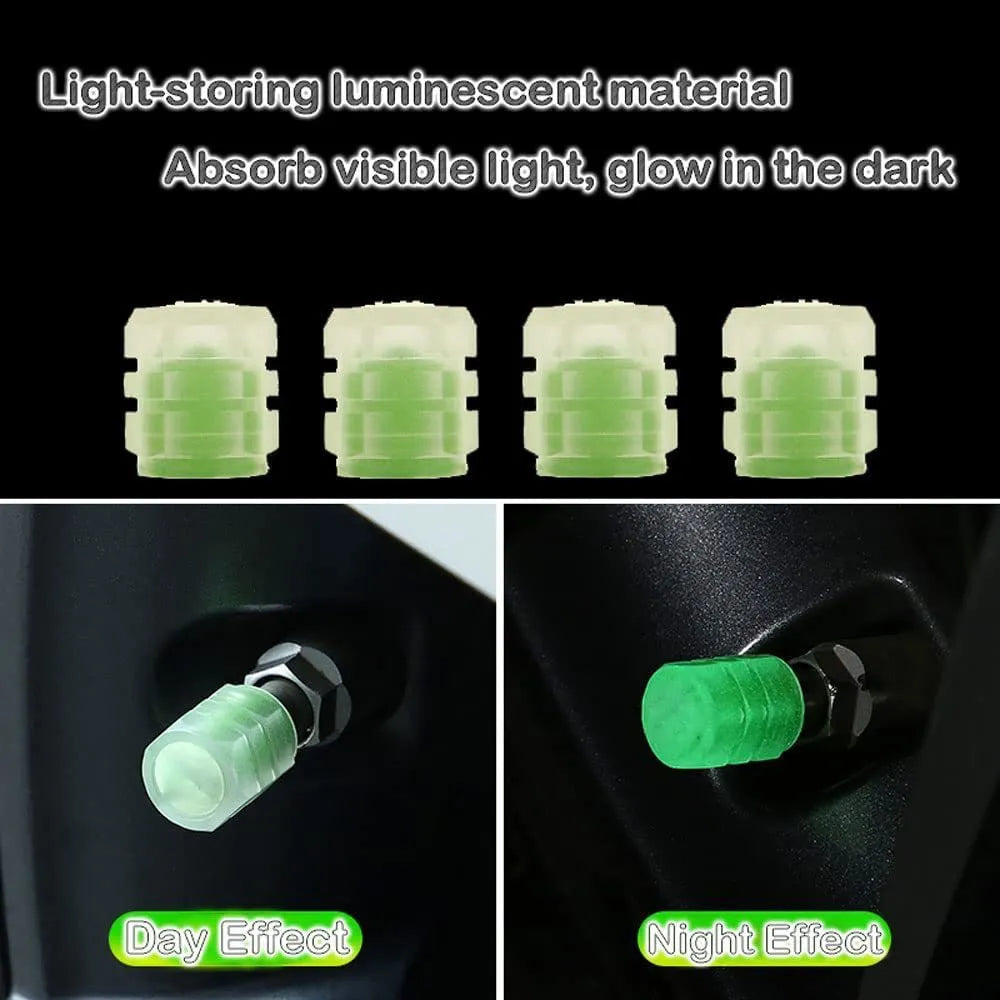 Luminous rubber tyre valve caps in light green, blue, red, yellow, and pink colours on a wheel valve.