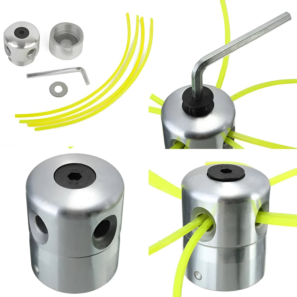 Silver aluminium grass head with four light yellow square grass rope strands and installation wrench