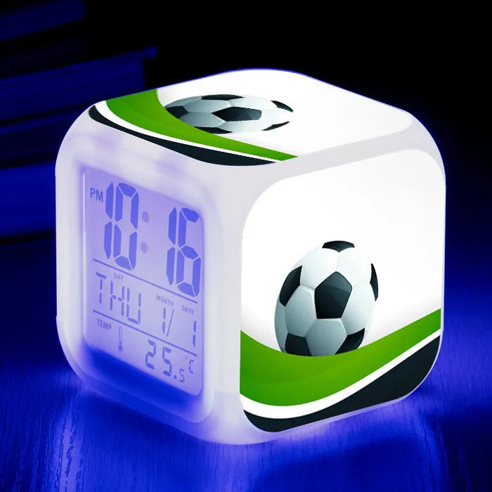 Football pattern square alarm clock with digital display and mute alarm function for student children