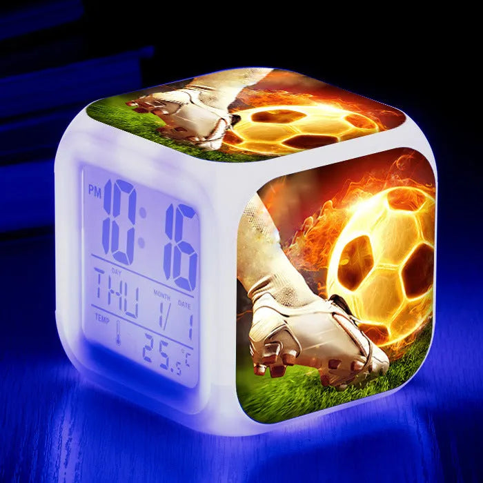 Football pattern square alarm clock with digital display and mute alarm function for student children