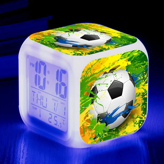Football pattern square alarm clock with digital display and mute alarm function for student children