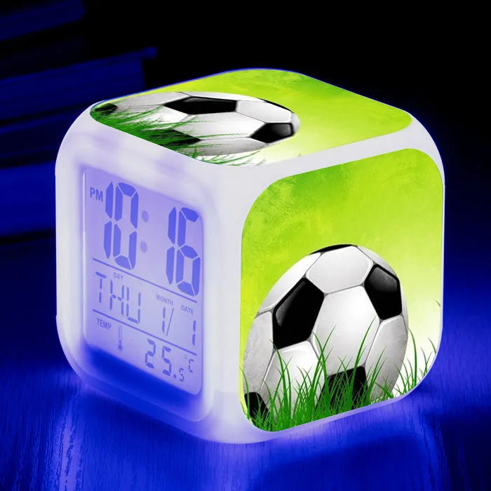 Football pattern square alarm clock with digital display and mute alarm function for student children