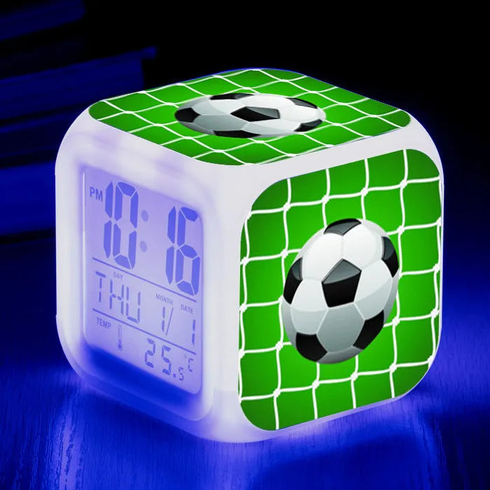 Football pattern square alarm clock with digital display and mute alarm function for student children
