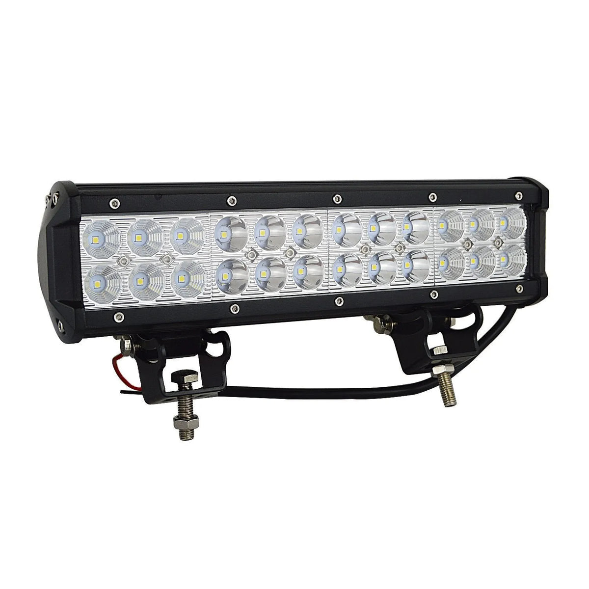 Black aluminium alloy 72W double row LED roof work light with PMMA lens for off-road vehicles.