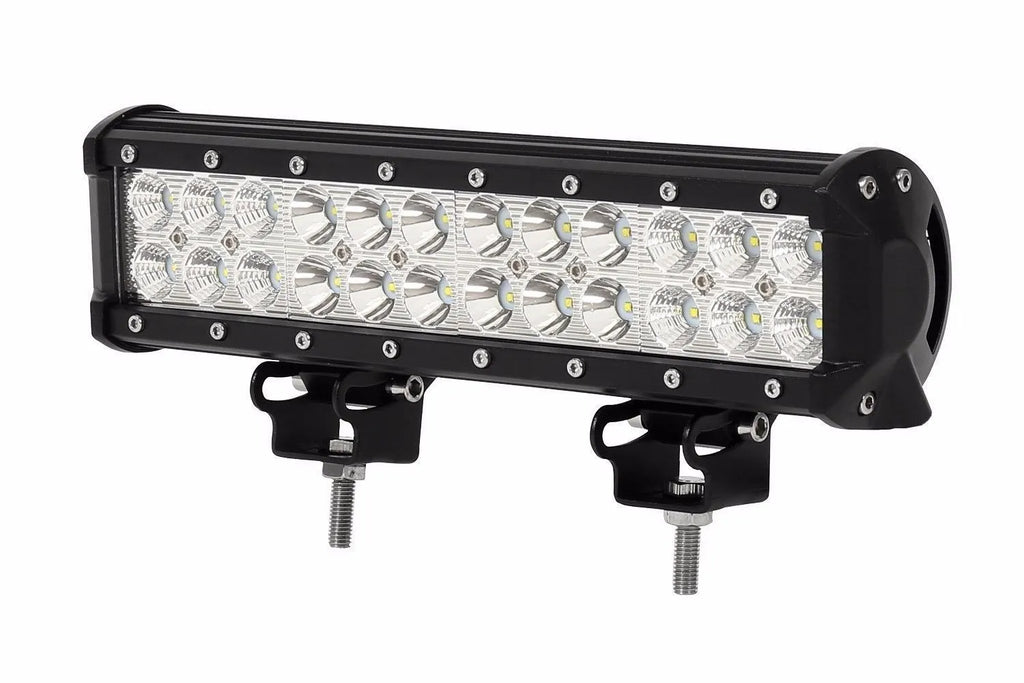 Black aluminium alloy 72W double row LED roof work light with PMMA lens for off-road vehicles.
