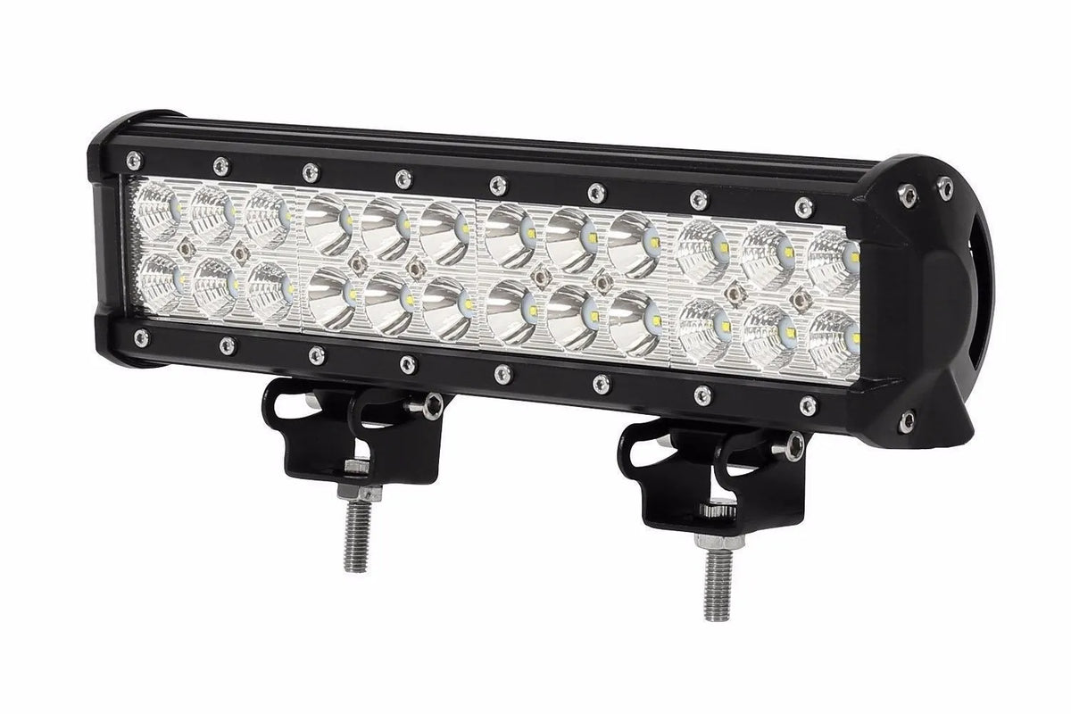 Black aluminium alloy 72W double row LED roof work light with PMMA lens for off-road vehicles.