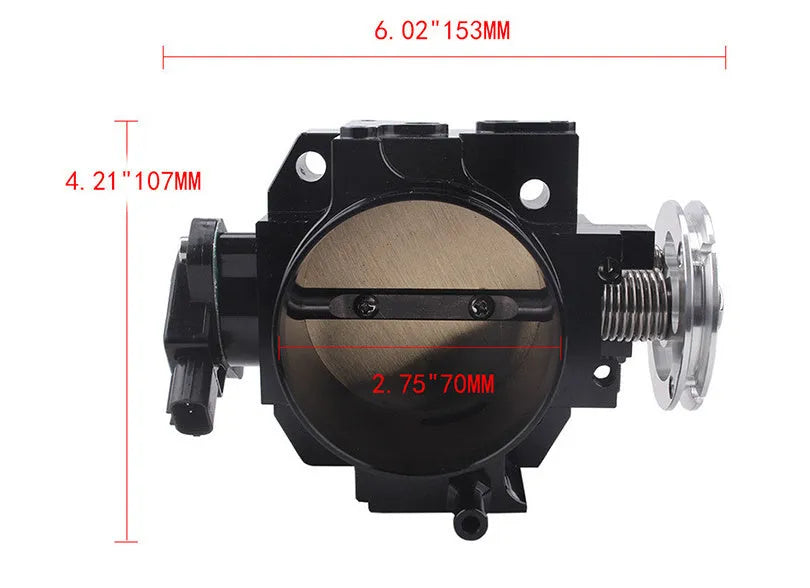 Aluminium throttle body valve for Honda K20A engine, shown in black and silver, 70mm diameter.