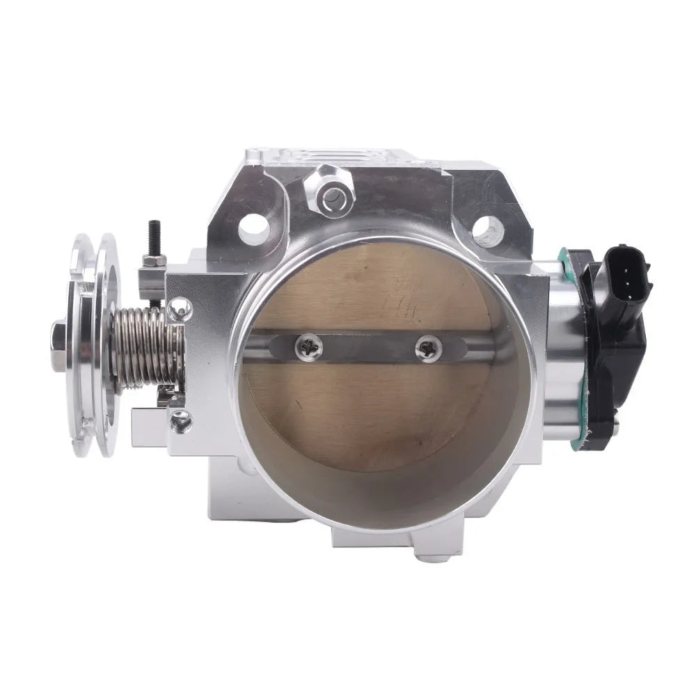 Aluminium throttle body valve for Honda K20A engine, shown in black and silver, 70mm diameter.